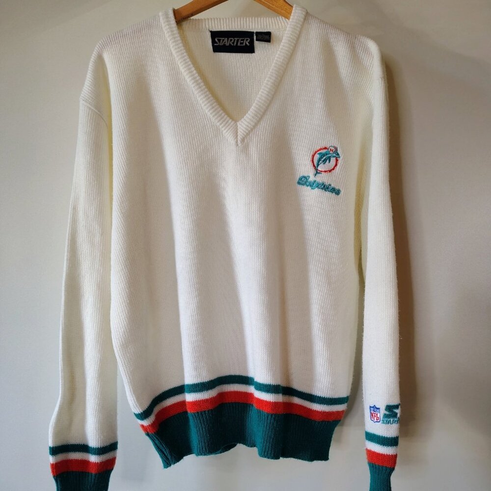 VINTAGE Miami Dolphins Starter Mens Size Large White Knit Sweater Embroiderd NFL